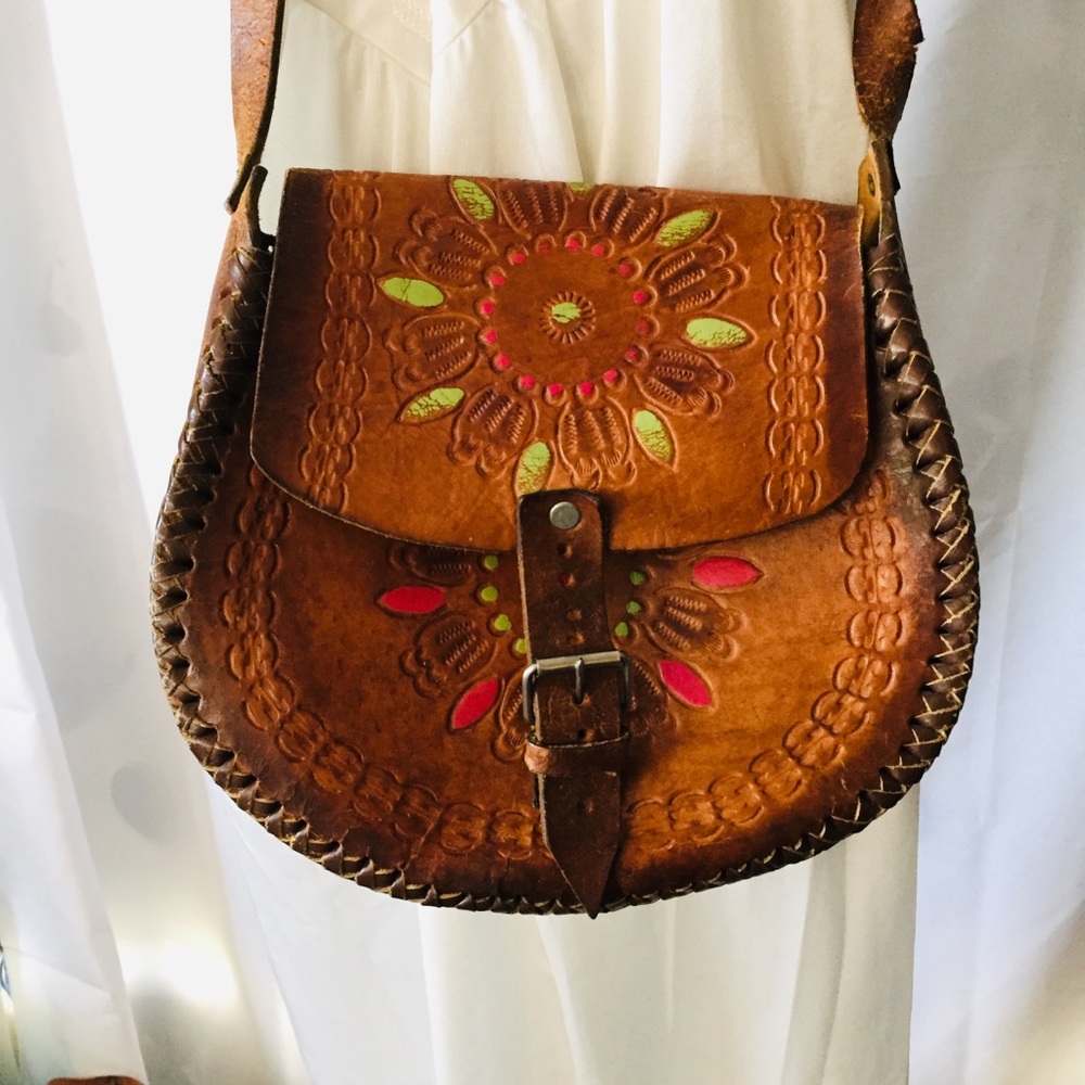 70s VTG Handmade Leather Boho Hippie Bag Laced